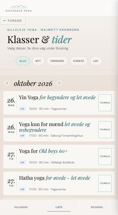 Kursliste auf dem Handy mit Tilmeld-Schaltflächen