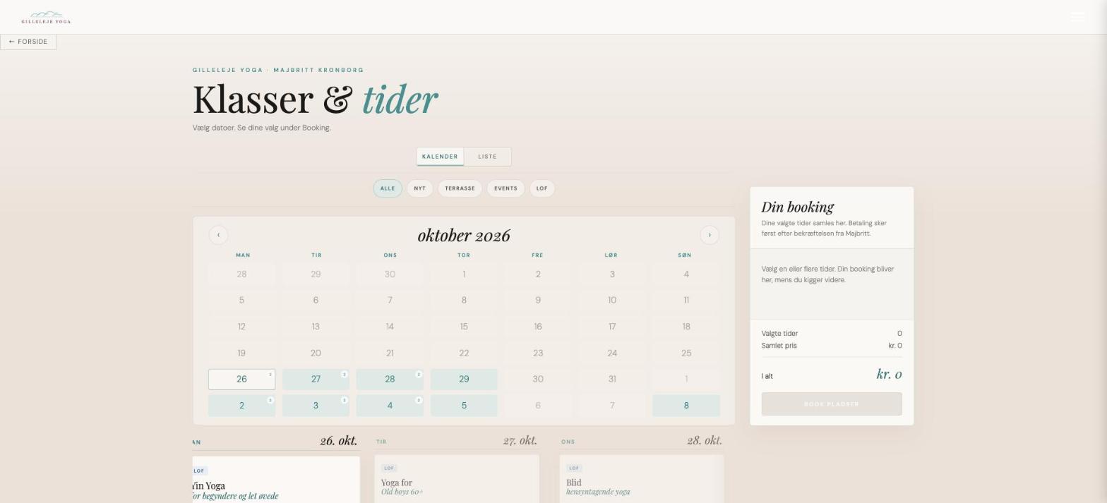 Kurskalender von Gilleleje Yoga mit Monatsansicht, Filtern und der Buchungsleiste Din booking