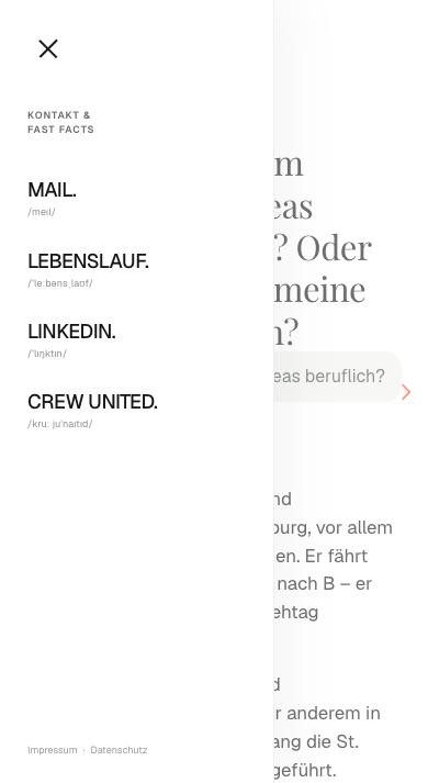 Menü auf dem Handy mit Mail, Lebenslauf, LinkedIn und Crew United